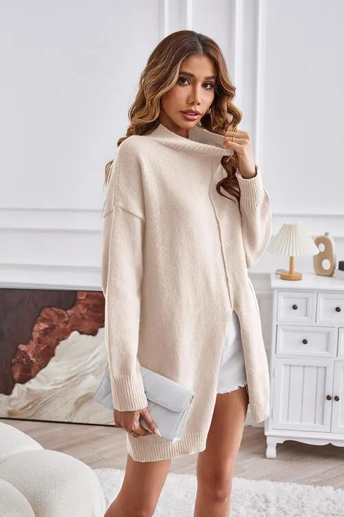 Fall Special Slit Mock Neck Tunic Sweater