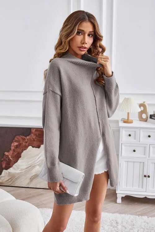 Fall Special Slit Mock Neck Tunic Sweater