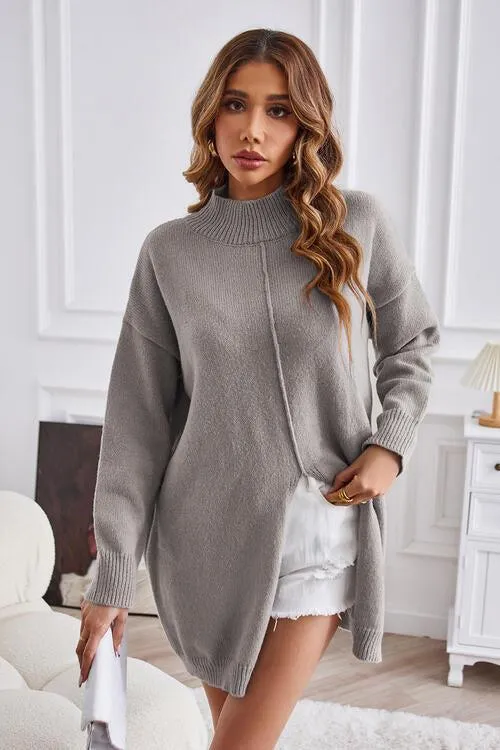 Fall Special Slit Mock Neck Tunic Sweater