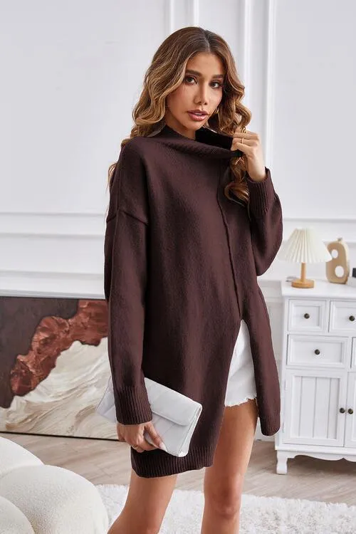 Fall Special Slit Mock Neck Tunic Sweater