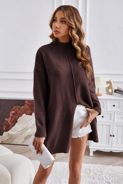 Fall Special Slit Mock Neck Tunic Sweater