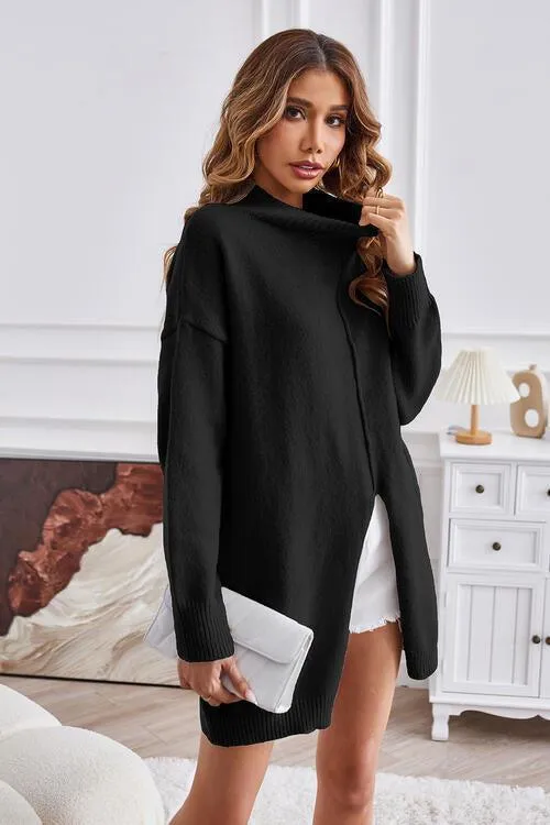 Fall Special Slit Mock Neck Tunic Sweater
