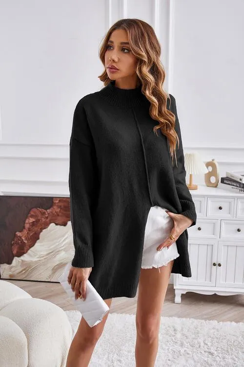 Fall Special Slit Mock Neck Tunic Sweater