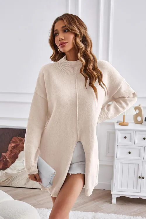 Fall Special Slit Mock Neck Tunic Sweater