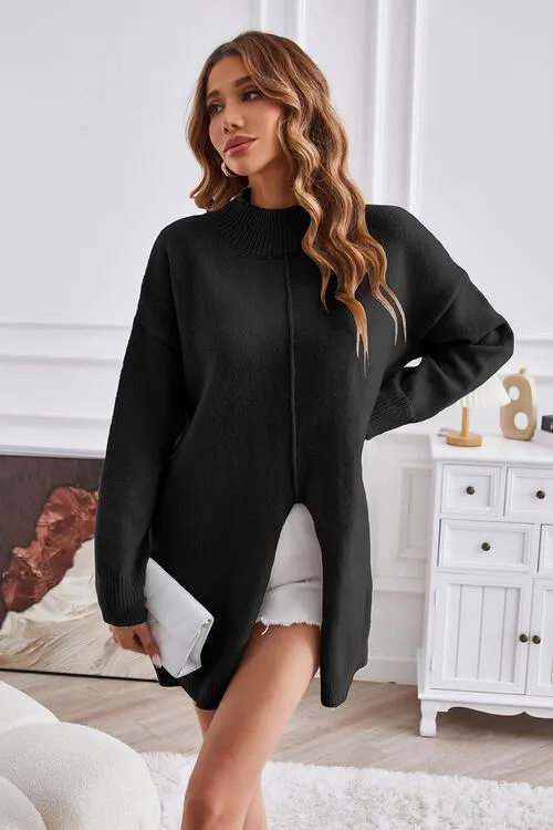 Fall Special Slit Mock Neck Tunic Sweater