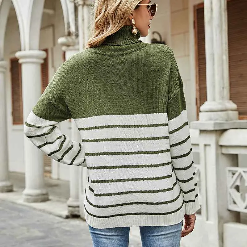Fall Winter Women’s Turtleneck Knitted Sweater Long Sleeve Striped Color Block Loose Ribbed Pullover Tops K334
