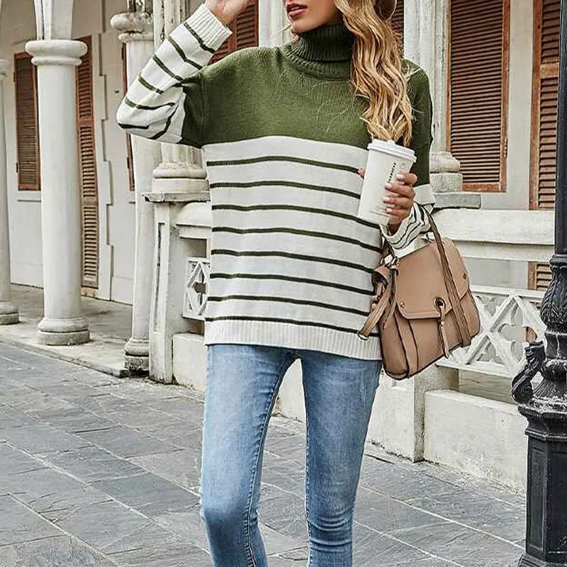 Fall Winter Women’s Turtleneck Knitted Sweater Long Sleeve Striped Color Block Loose Ribbed Pullover Tops K334