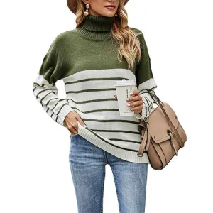 Fall Winter Women’s Turtleneck Knitted Sweater Long Sleeve Striped Color Block Loose Ribbed Pullover Tops K334