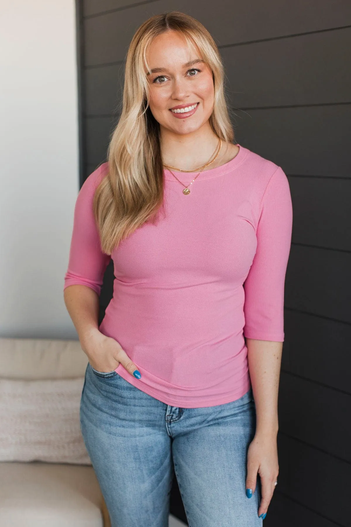 Falling Into Your Arms Ribbed Top- Pink