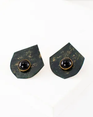 Fan shaped green black stud earrings with black stone