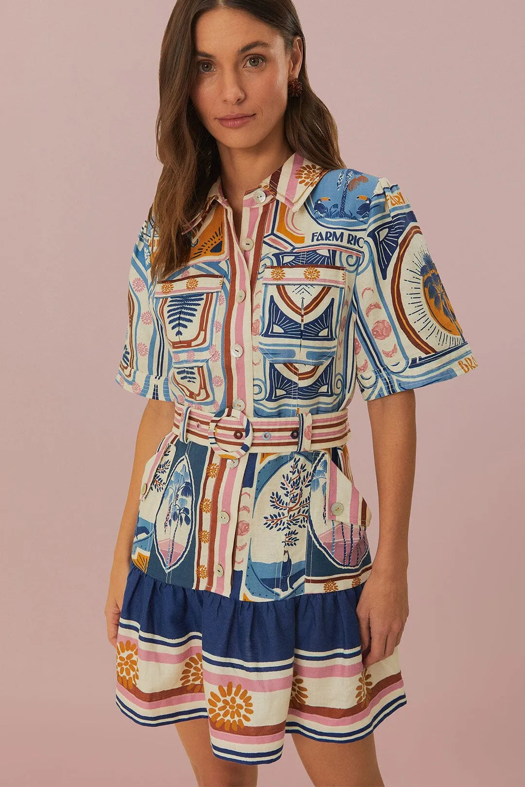Farm Rio Cerrado Stamps Cream Mini Dress