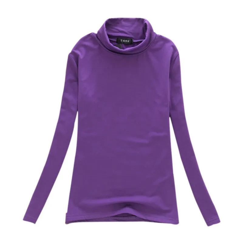 Fashion Women Long Sleeve Solid Bottoming Shirt Turtleneck Cotton Stretch Base Tops Blouse