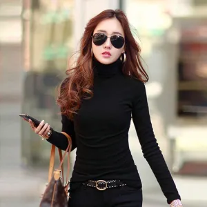 Fashion Women Long Sleeve Solid Bottoming Shirt Turtleneck Cotton Stretch Base Tops Blouse