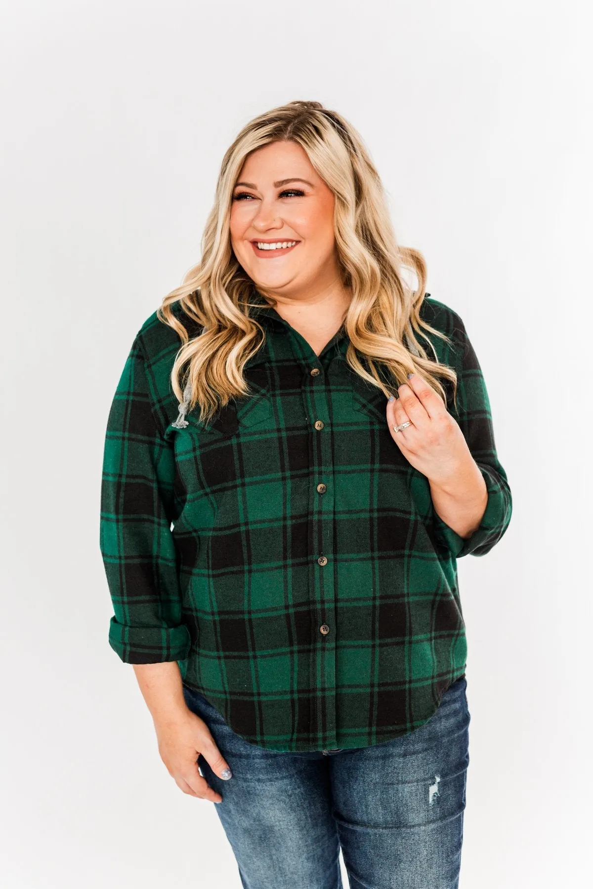 Feeling The Festivities Hooded Plaid Top- Emerald Green