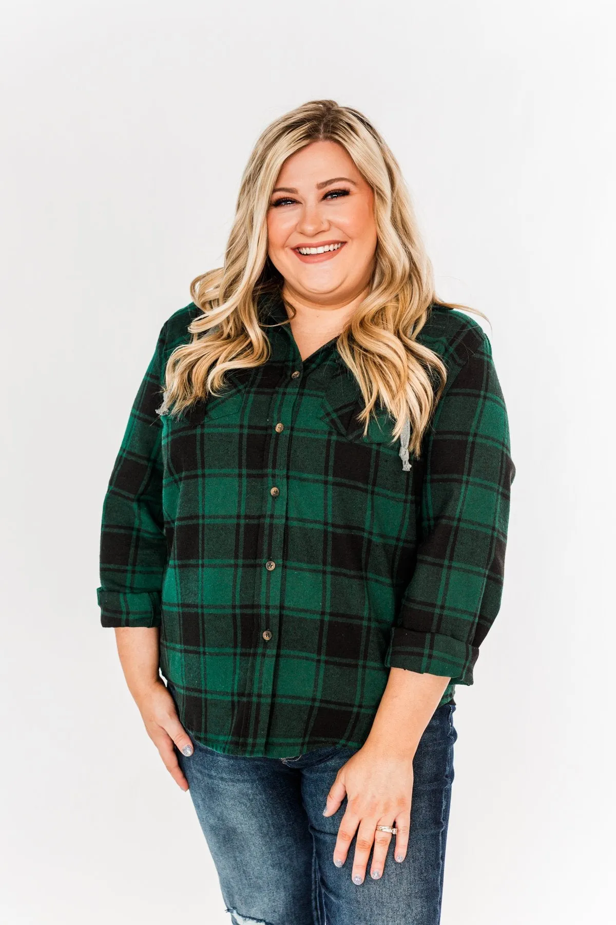 Feeling The Festivities Hooded Plaid Top- Emerald Green