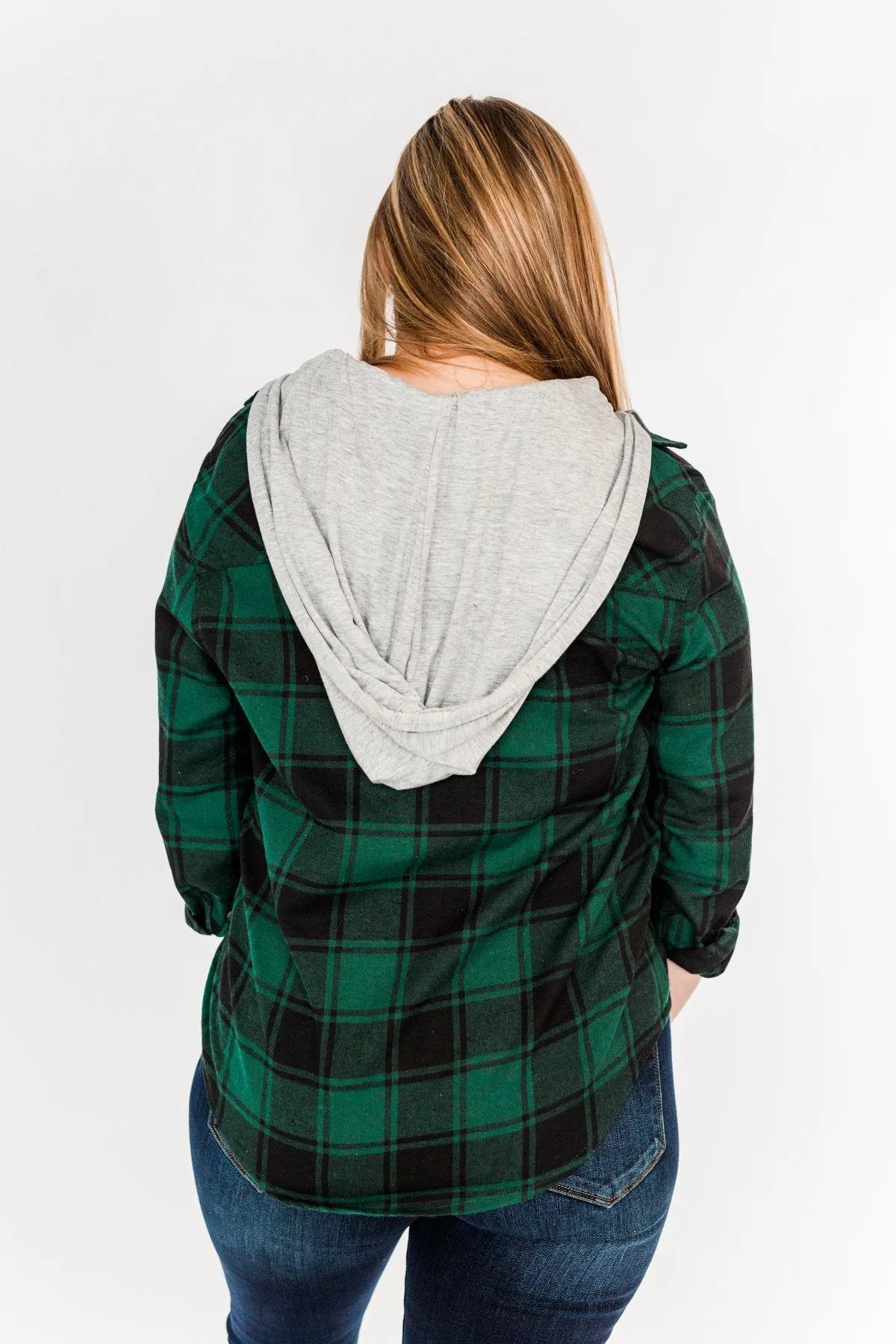 Feeling The Festivities Hooded Plaid Top- Emerald Green