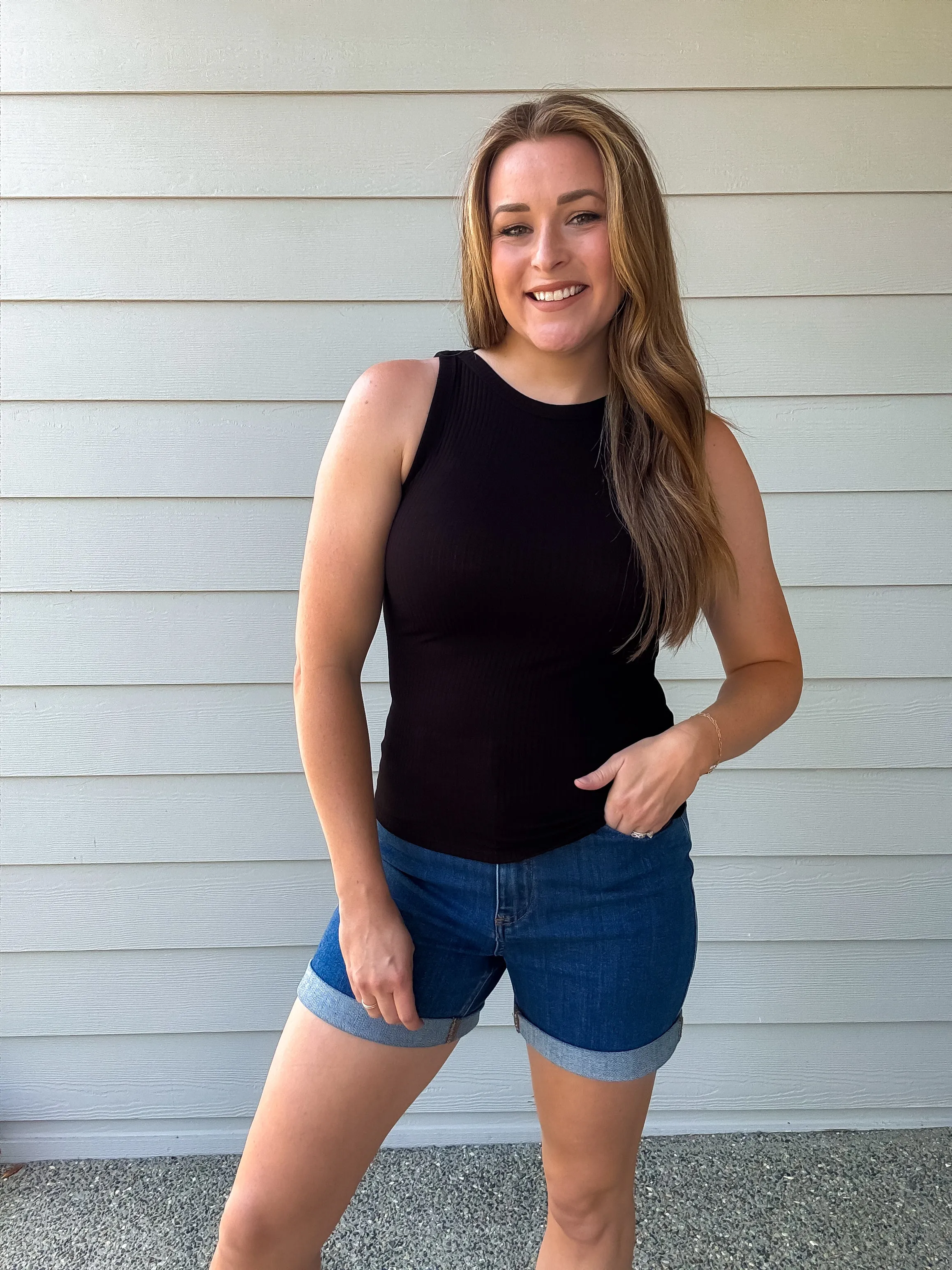 Fitted Ribbed Tank in Black