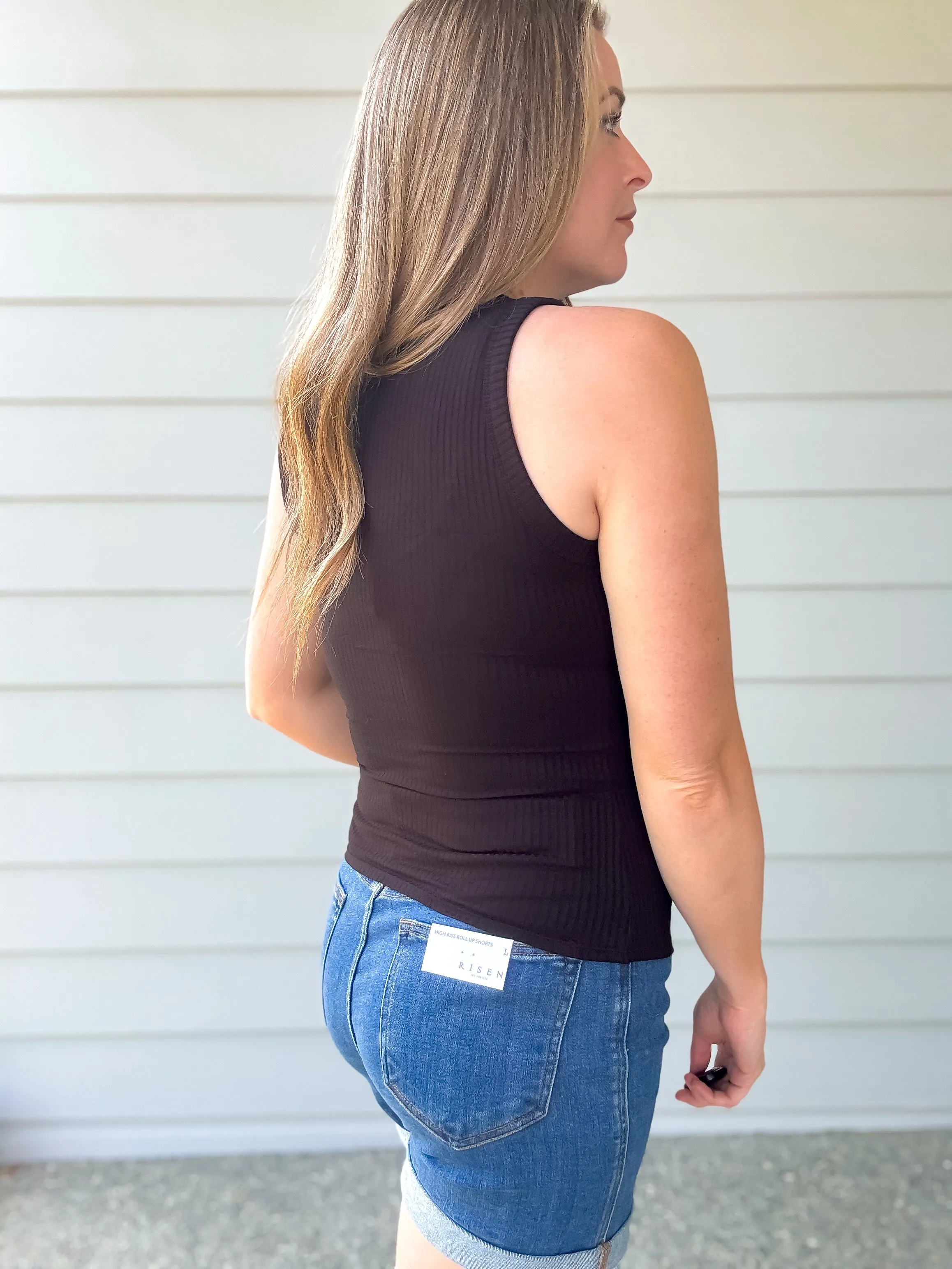 Fitted Ribbed Tank in Black