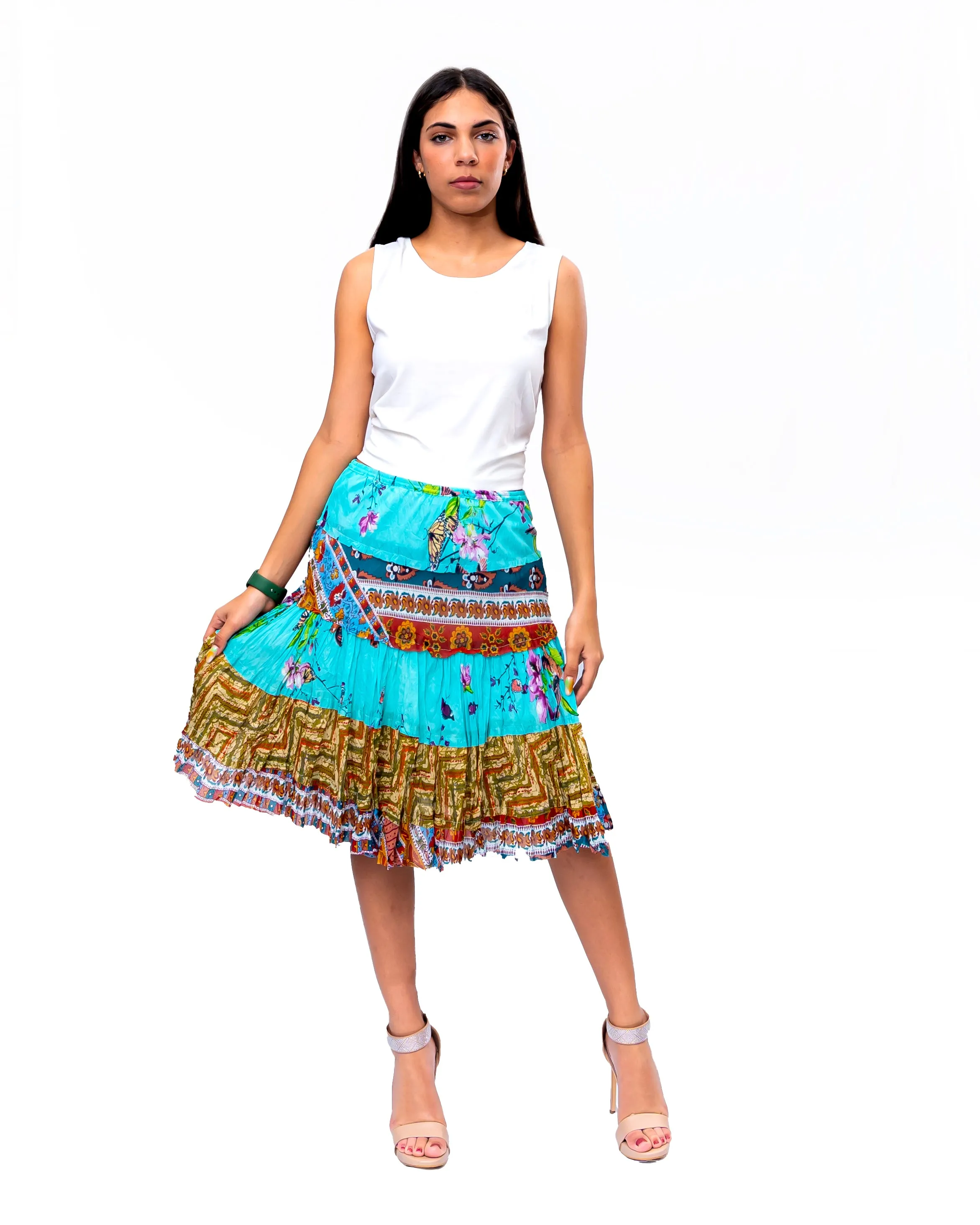 Five tiered Fabric mini ruffle skirt. In Multi.