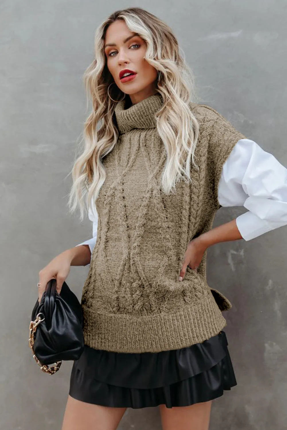 Flaxen Ribbed Turtleneck Cable Knit Sweater Vest