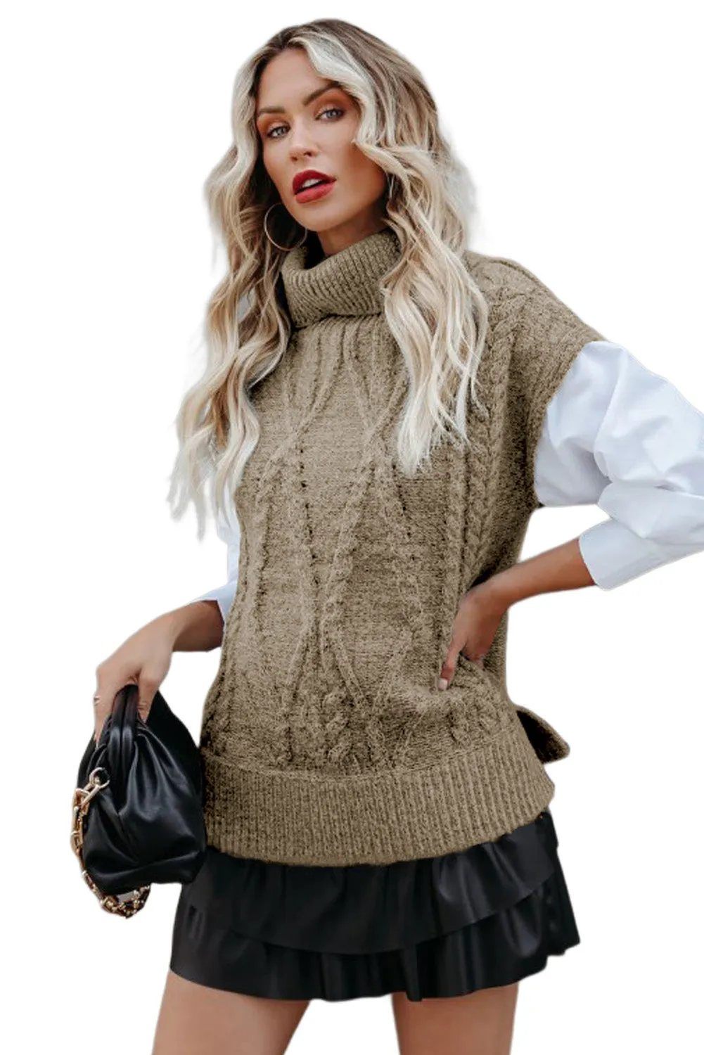 Flaxen Ribbed Turtleneck Cable Knit Sweater Vest