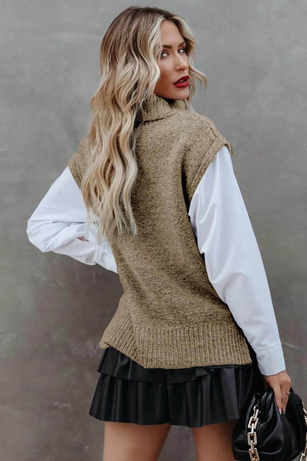 Flaxen Ribbed Turtleneck Cable Knit Sweater Vest
