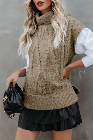 Flaxen Ribbed Turtleneck Cable Knit Sweater Vest