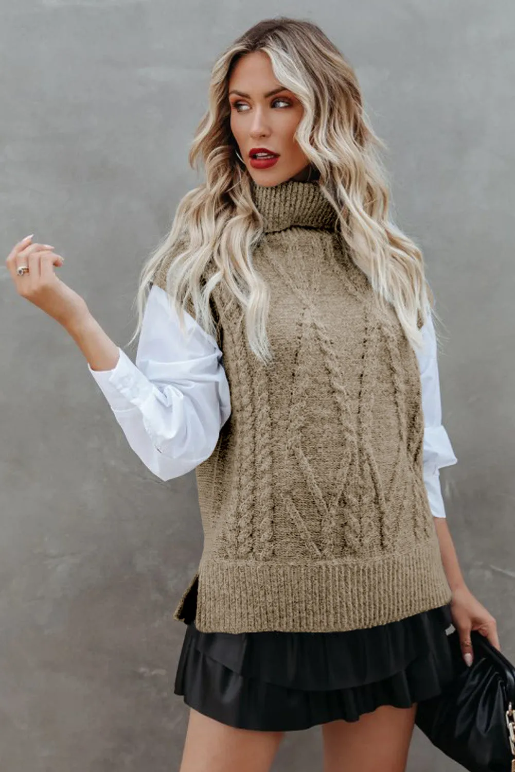 Flaxen Ribbed Turtleneck Cable Knit Sweater Vest