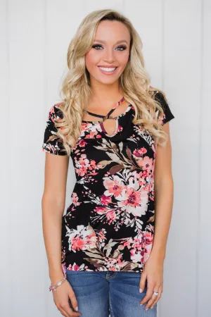 Floral All Day Criss-Cross Top- Black