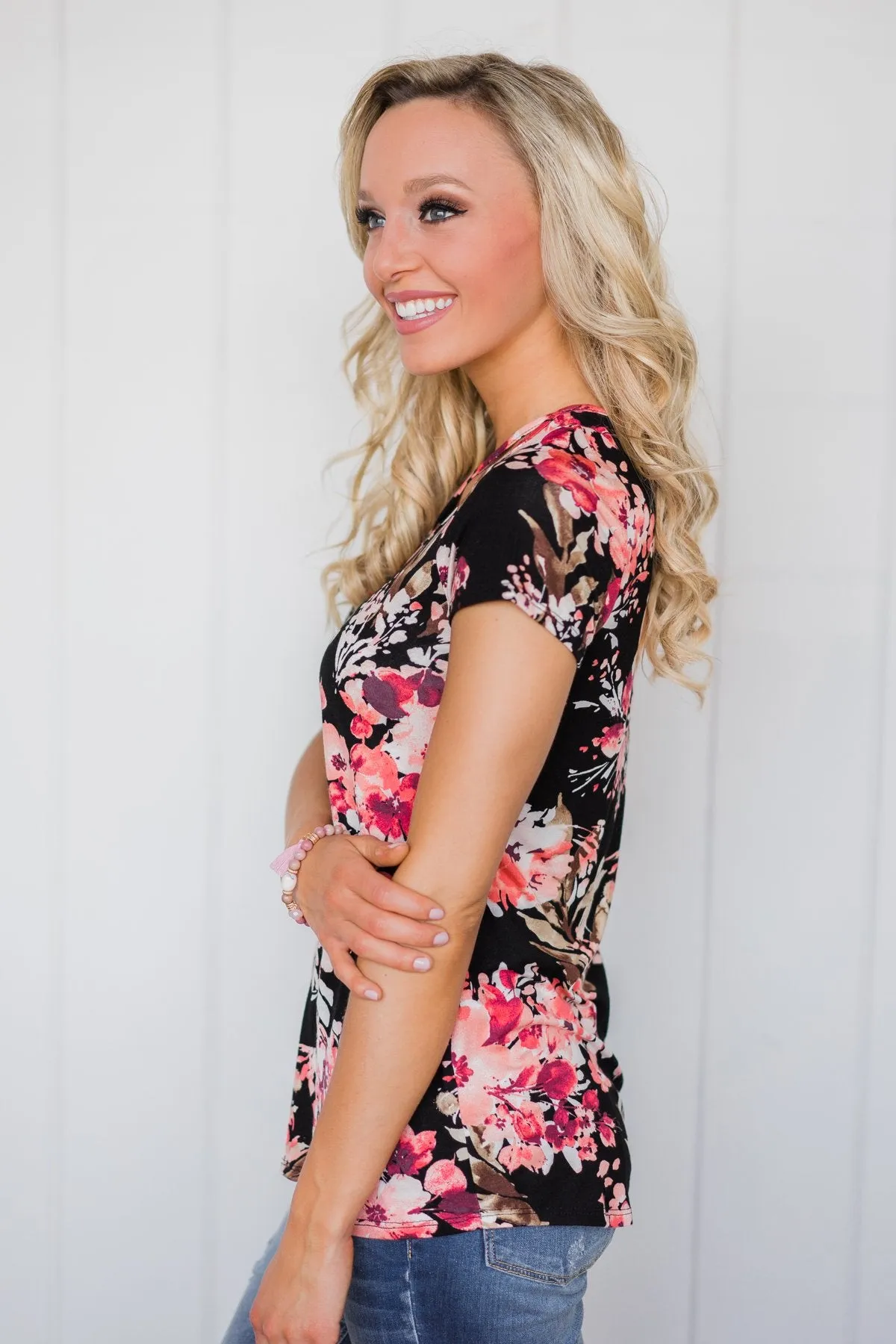Floral All Day Criss-Cross Top- Black
