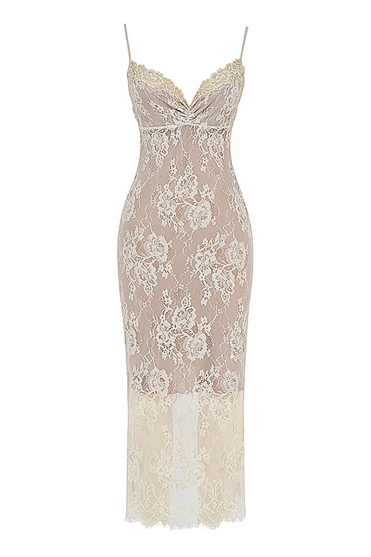 Floral Lace Slip V Neck Backless Cocktail Party Midi Dresses