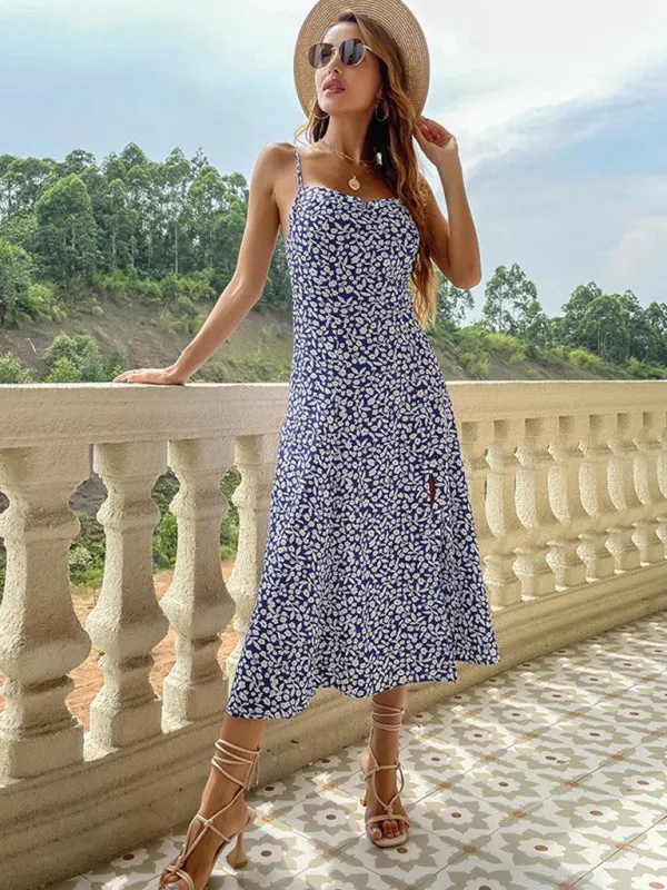 Floral Print Midi Slip Dress with Spaghetti Straps and Slit