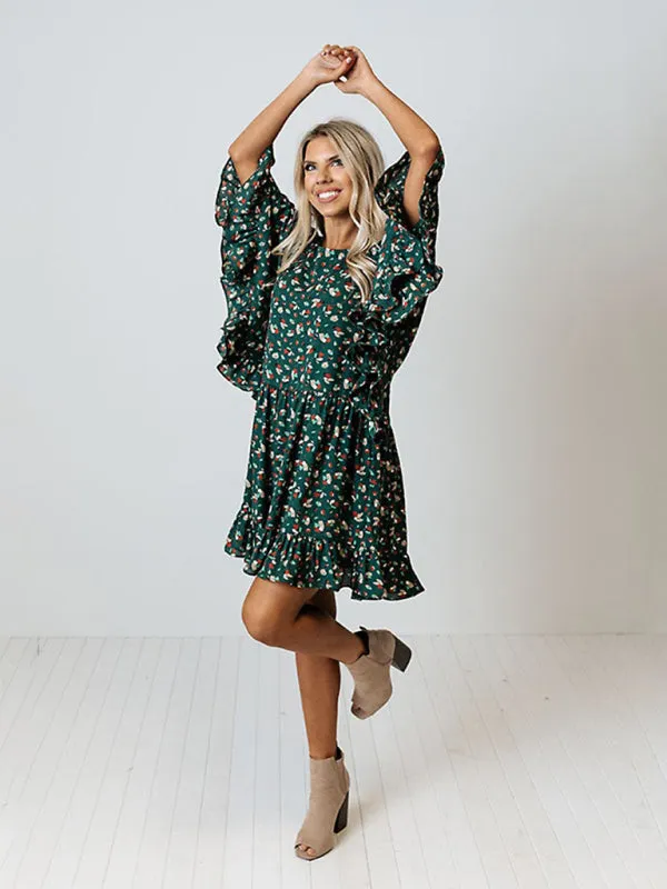 Floral Print Mini Dress with Batwing Sleeves and Ruffled Hem