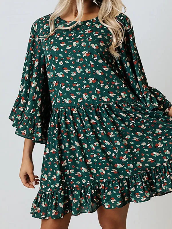 Floral Print Mini Dress with Batwing Sleeves and Ruffled Hem
