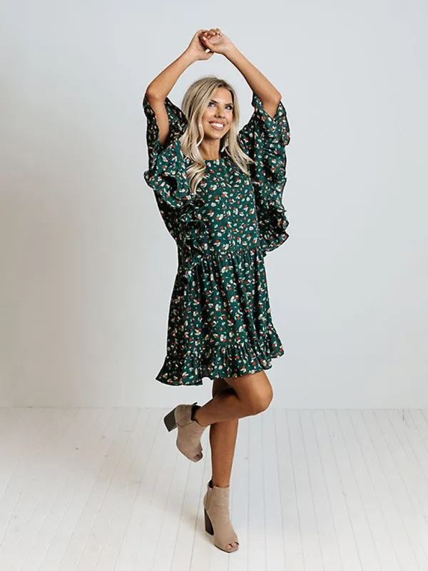 Floral Print Mini Dress with Batwing Sleeves and Ruffled Hem