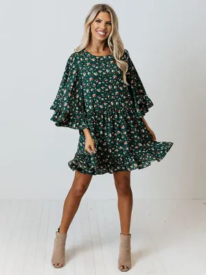 Floral Print Mini Dress with Batwing Sleeves and Ruffled Hem