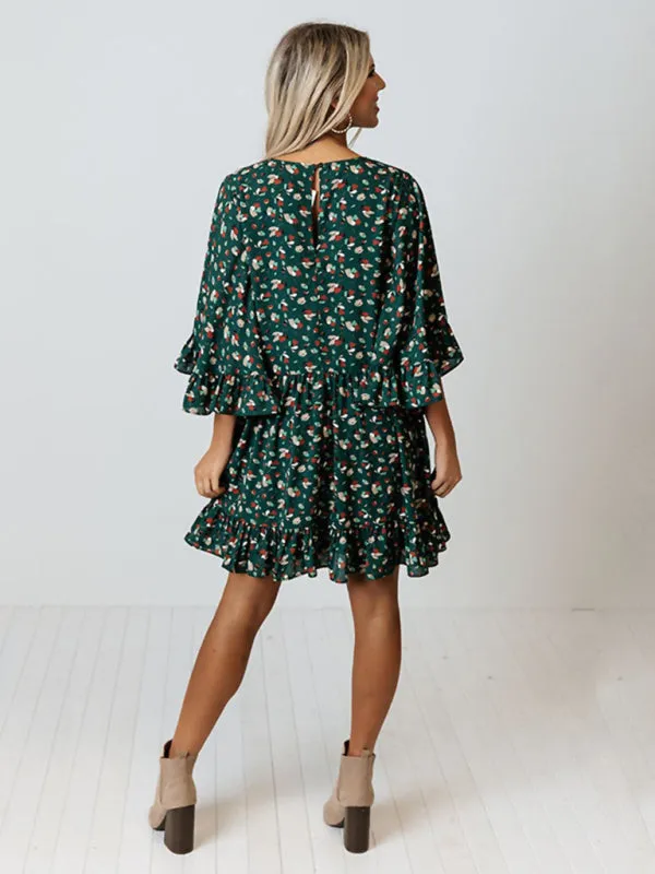Floral Print Mini Dress with Batwing Sleeves and Ruffled Hem