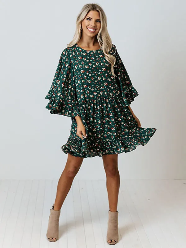 Floral Print Mini Dress with Batwing Sleeves and Ruffled Hem
