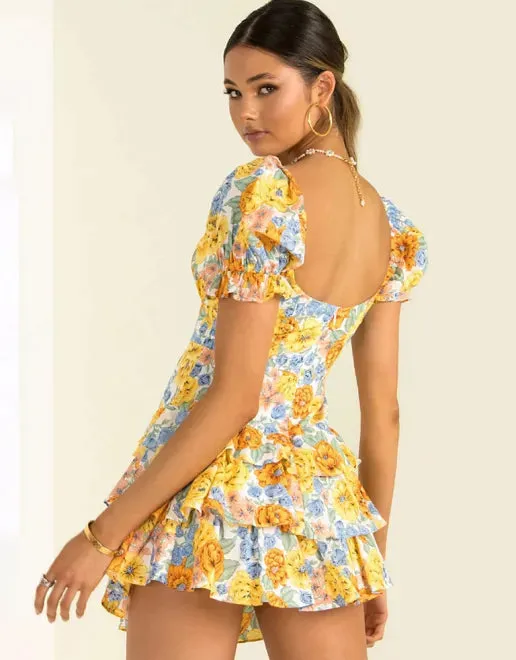 Floral Print Mini Dress with Deep V-Neck and Puff Sleeves