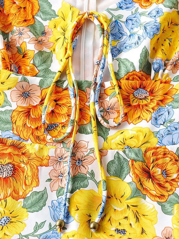 Floral Print Mini Dress with Deep V-Neck and Puff Sleeves