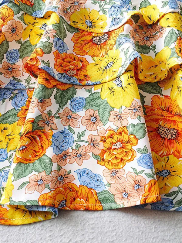 Floral Print Mini Dress with Deep V-Neck and Puff Sleeves