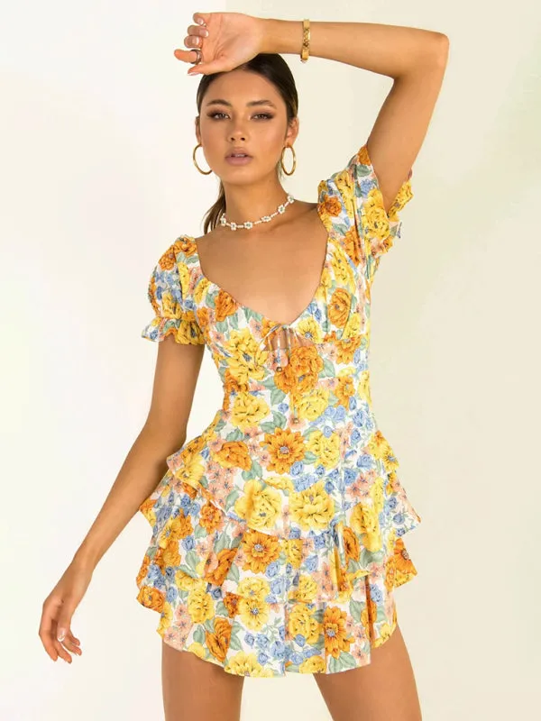 Floral Print Mini Dress with Deep V-Neck and Puff Sleeves