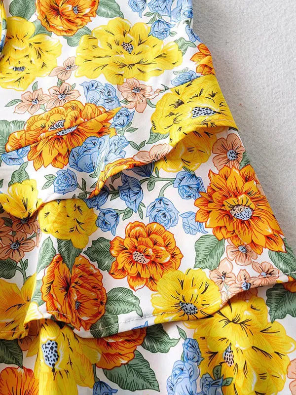 Floral Print Mini Dress with Deep V-Neck and Puff Sleeves