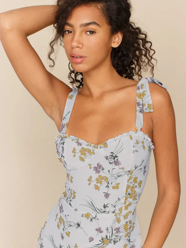 Floral Print Mini Dress with Sweetheart Neckline and Ruffled Hem