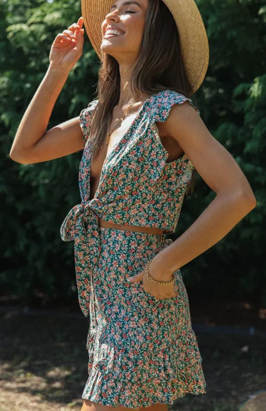 Floral Print Mini Dress with Tie-Front and Ruffled Sleeves