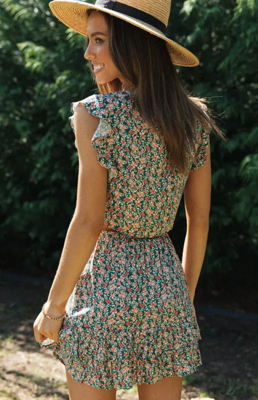 Floral Print Mini Dress with Tie-Front and Ruffled Sleeves