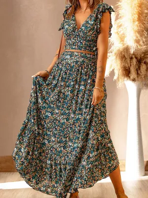 Floral Print V-neck Maxi Dress with Ruffled Sleeves and Irregular Hemline