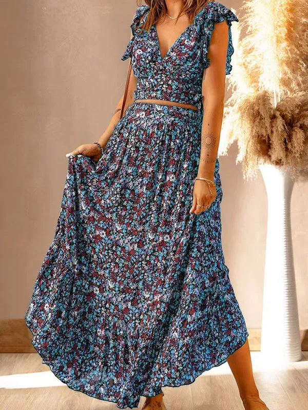 Floral Print V-neck Maxi Dress with Ruffled Sleeves and Irregular Hemline