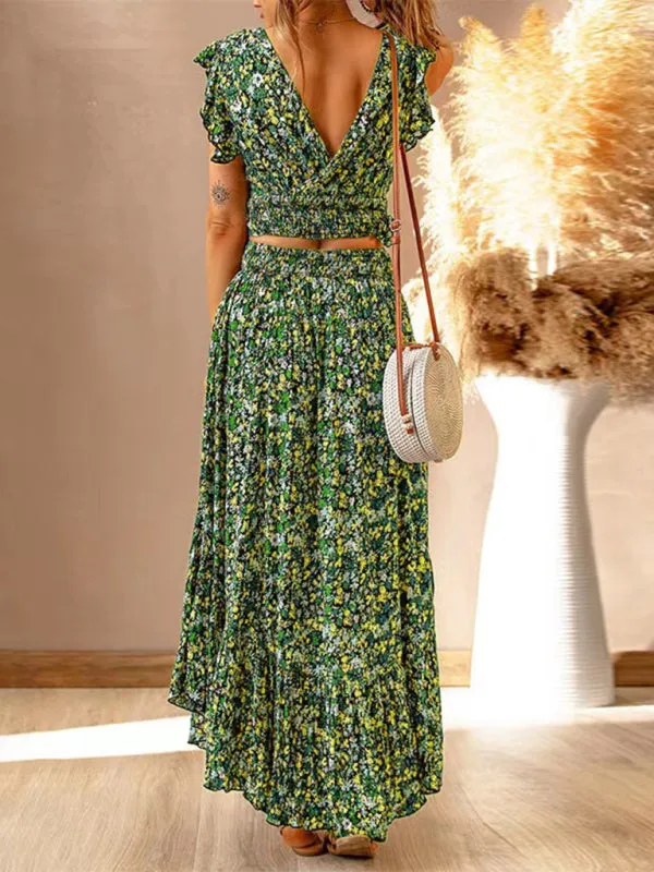 Floral Print V-neck Maxi Dress with Ruffled Sleeves and Irregular Hemline