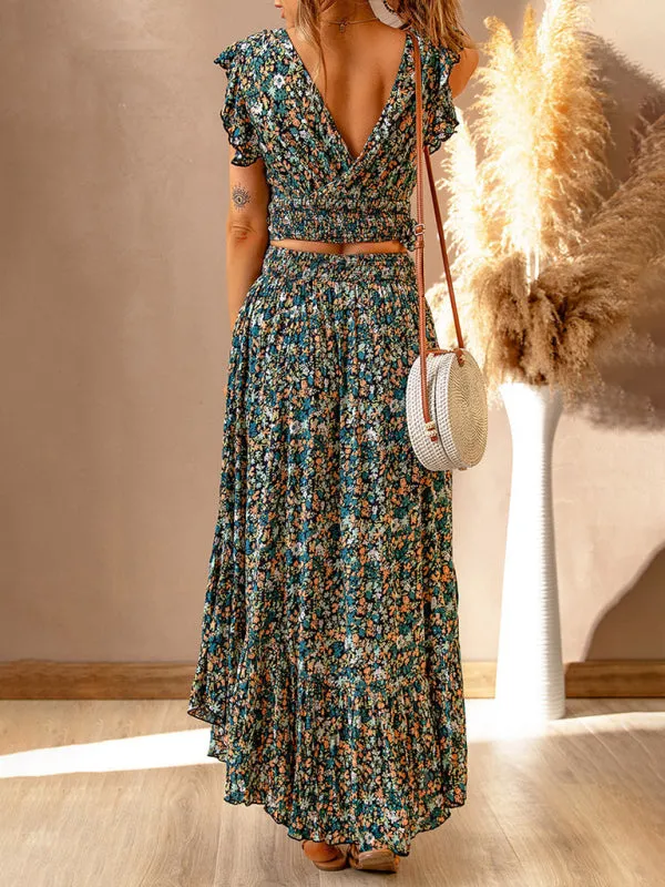 Floral Print V-neck Maxi Dress with Ruffled Sleeves and Irregular Hemline